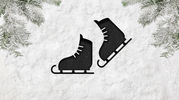 Top view ice skates shape and snow