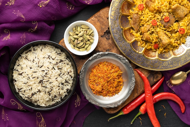 Free photo top view indian sari and food