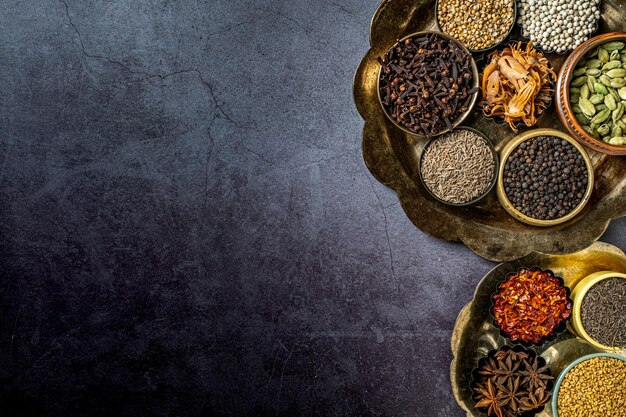 Top view of Indian seasonings and spices on a table