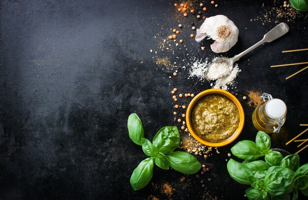 Top view of ingredients for cooking spaghetti