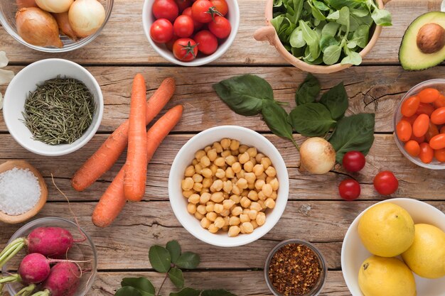 Top view ingredients and veggies