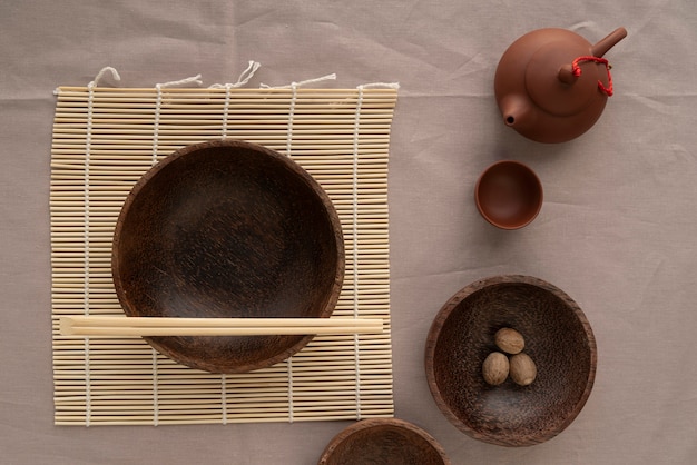 Top view japanese tableware arrangement