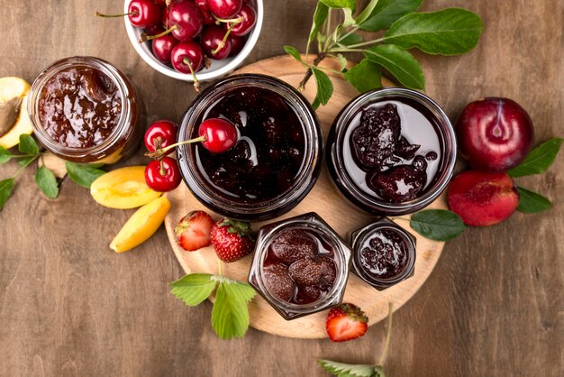 Top view jars with stewed fruit