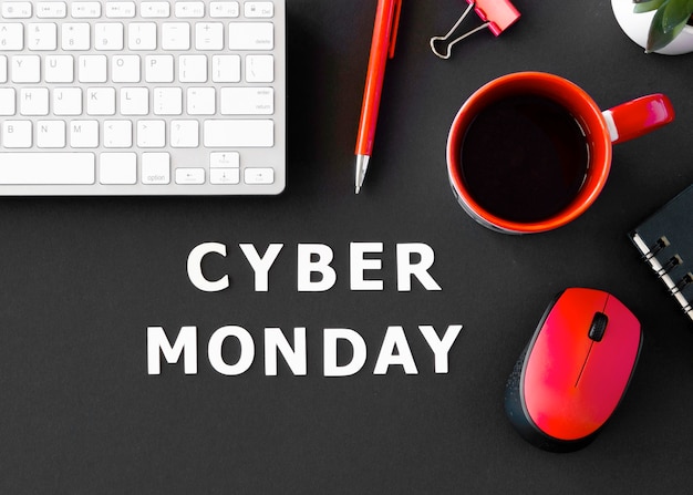 Free photo top view of keyboard with coffee and mouse for cyber monday