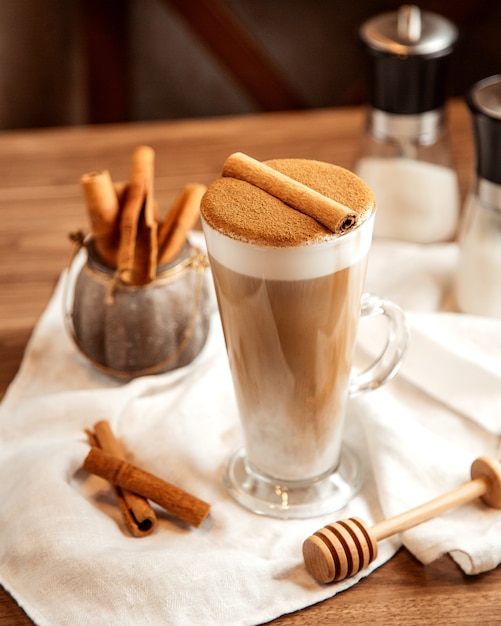 Top view latte coffee with cinnamon