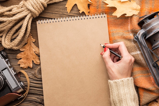 Top view of leaves with notebook and camera