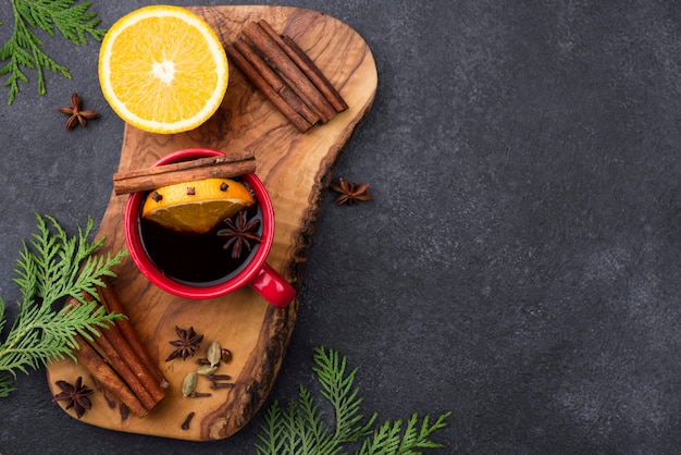 Top view lemon tea cup on wooden board