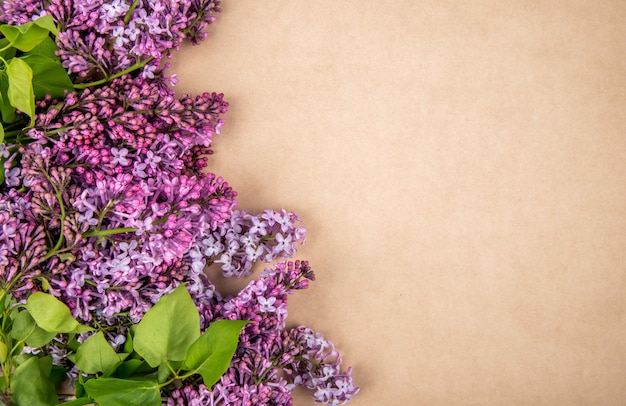 Free Photo top view of lilac flowers isolated on brown paper texture background with copy space