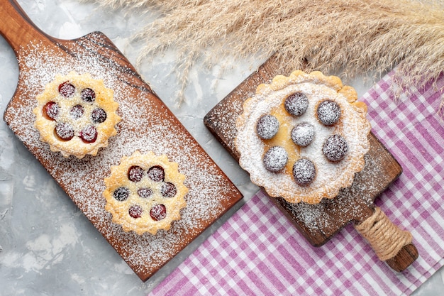 Free photo top view little tasty cakes with fruits and sugar powdered on the white desk cake biscuit sugar sweet