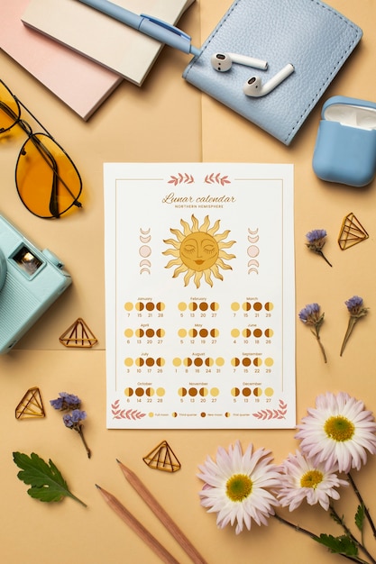 Top view lunar calendar and flowers