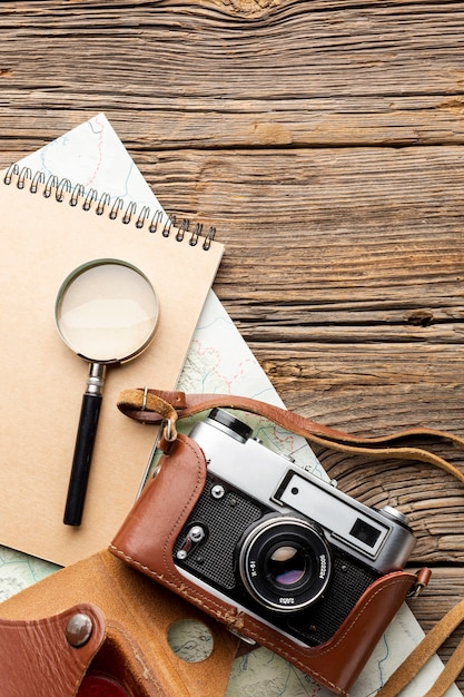 Top view magnifying glass and camera