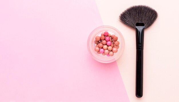 Top view make-up brush with copy space