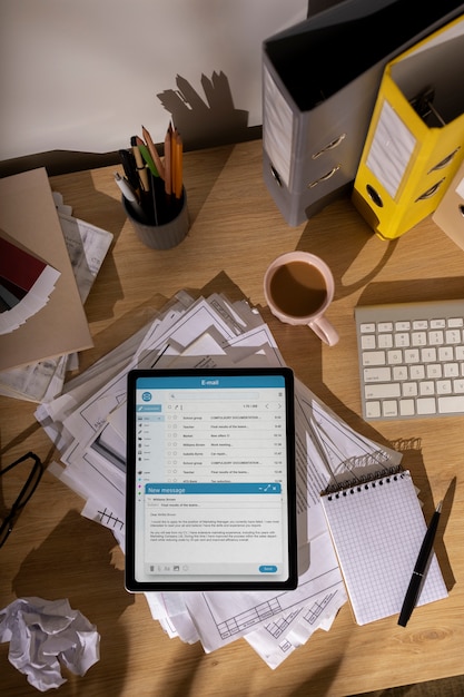 Free Photo top view of messy office workspace with tablet