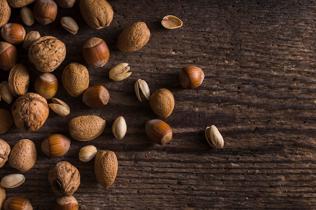 Top view mixture of organic nuts on the table