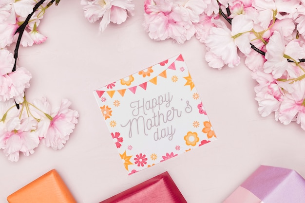 Top view of mothers day card with flowers