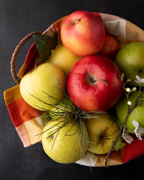 Top view multi-colored apples in a basket with a flower sprig