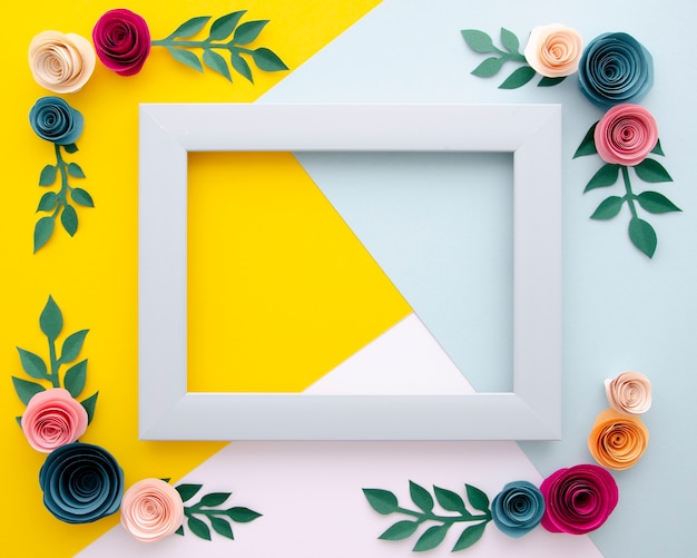 Top view multicolored background with floral frame