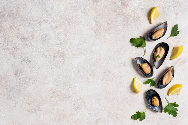 Top view mussel shells with parsley