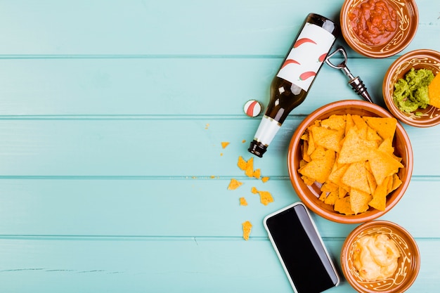 Top view of nachos and guacamole