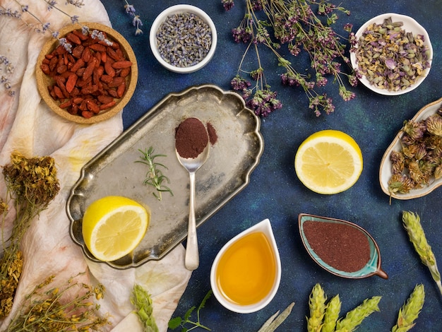 Free Photo top view of natural medicinal spices and herbs