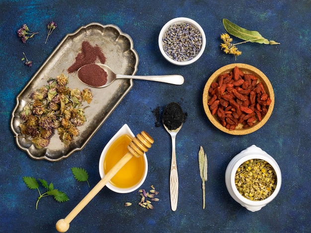 Free photo top view of natural medicinal spices and herbs