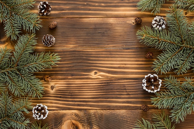 Top view natural pine needles and conifer cones