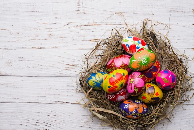 Top view of nest full of easter eggs