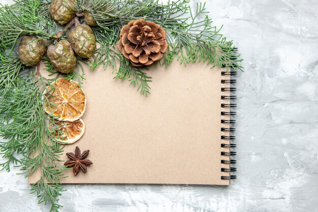 Top view notebook dried lemon slices anises pine tree branches on grey background