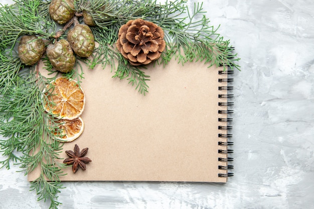 Top view notebook dried lemon slices anises pine tree branches on grey surface