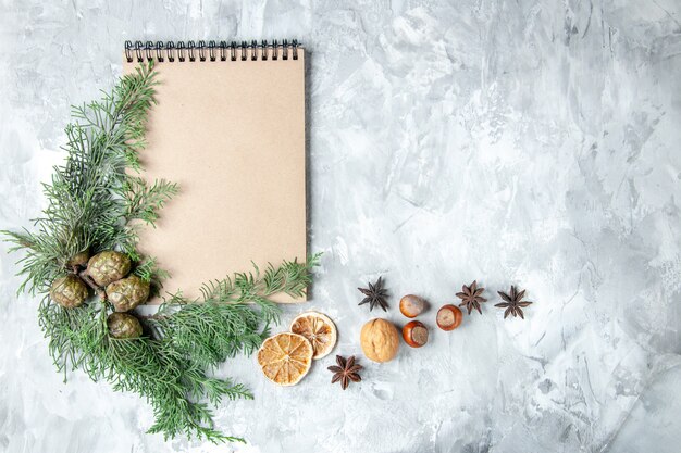 Top view notebook dried lemon slices anises pine tree branches on grey surface