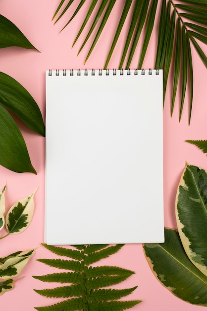 Top view of notebook with assortment of plant leaves