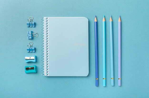 Top view notebook and writing tools