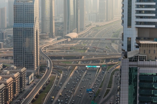 Free Photo top view of numerous cars in a traffic in dubai, united arab emirates