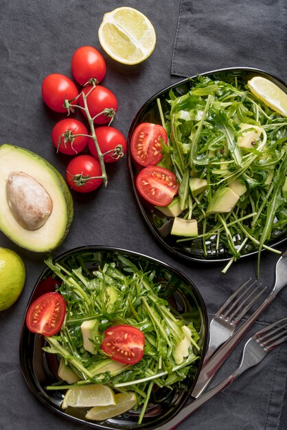 Top view nutritional salads on the table