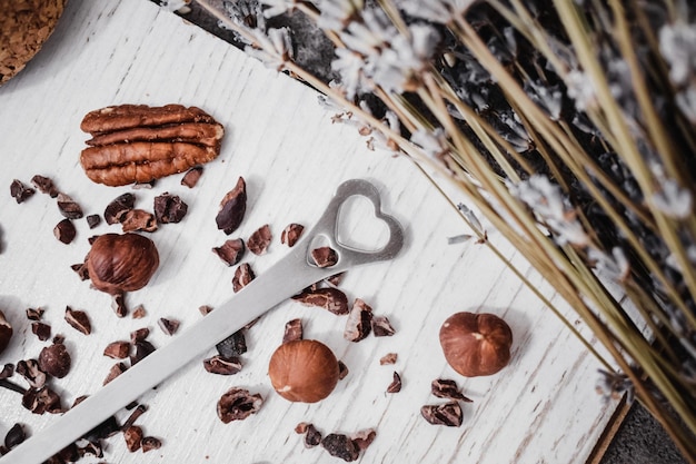 Free photo top view of nuts and chocolate chips on a kitchen table