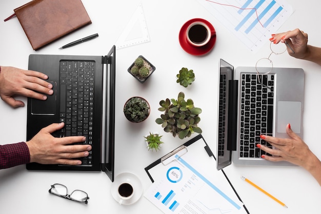 Top view office desk composition