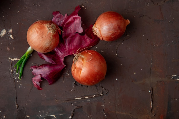 Top view of onions and onion shell on maroon background with copy space