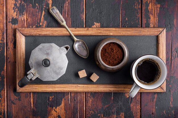 Top view organic coffee cup on the table