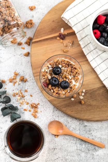 Top view organic granola with blueberries