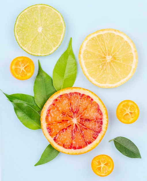 Top view organic grapefruit and lemon slices