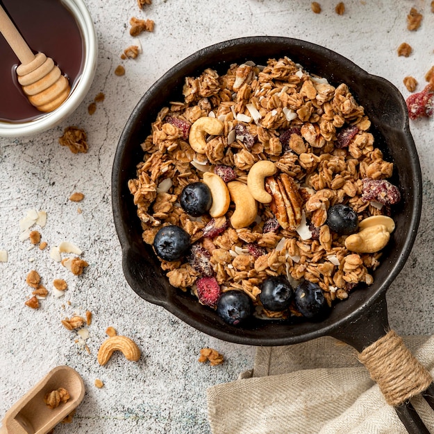 Top view pan with homemade granola