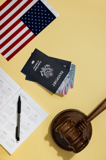 Free photo top view passports and flag arrangement