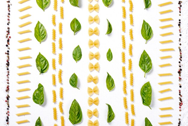 Top view of pasta arrangement on white background