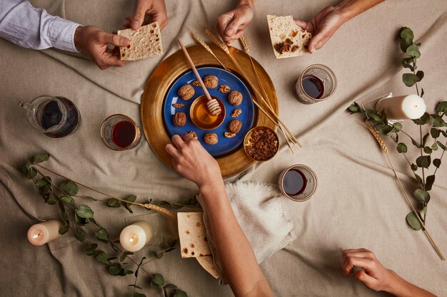 Top view of people having a feast for the first day of passover seder