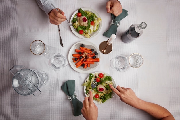 Top view of people having a feast for the first day of passover seder