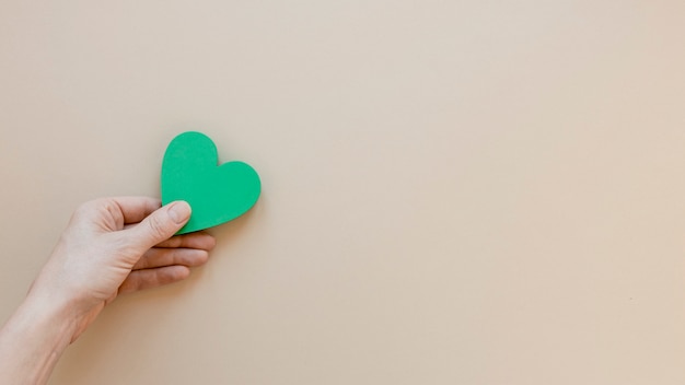 Top view person holding a green heart on a beige background