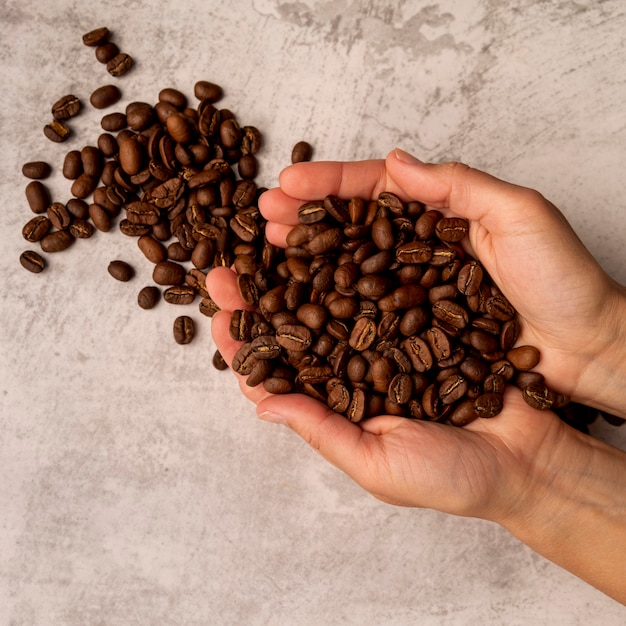 Top view person holding roasted coffee beans