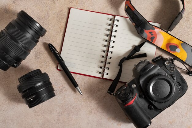 Top view photo camera indoors still life