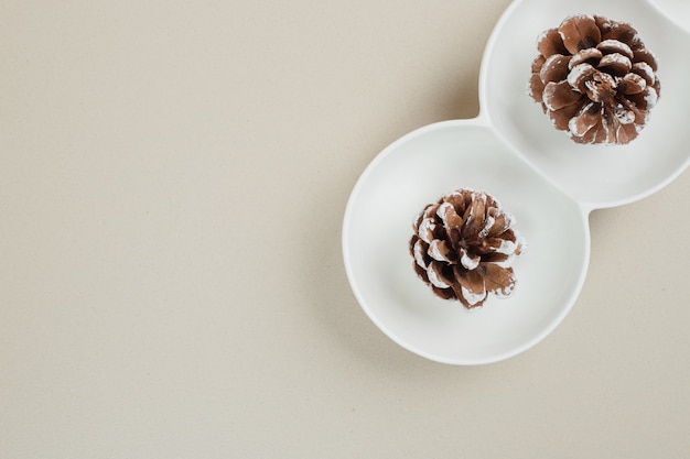 Top view of pinecones in white bowls