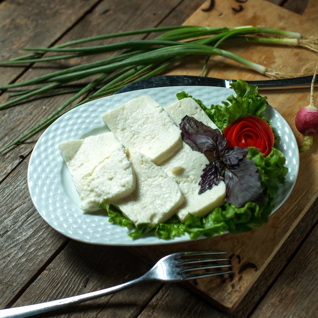 Top view plate with cheese with green onions and basil